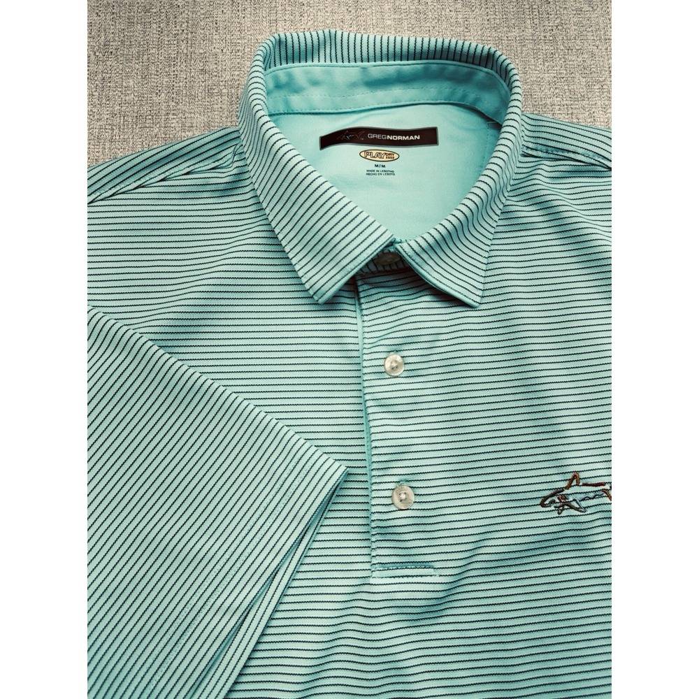 GREG‎ NORMAN Polo Golf Shirt Stripped Play Dry Medium  Turquoise